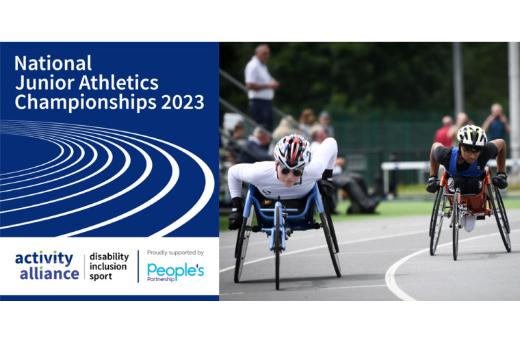 Two young wheelchair racers competing at the National Junior Athletics Championships. Activity Alliance logo and People's Partnerships logo.