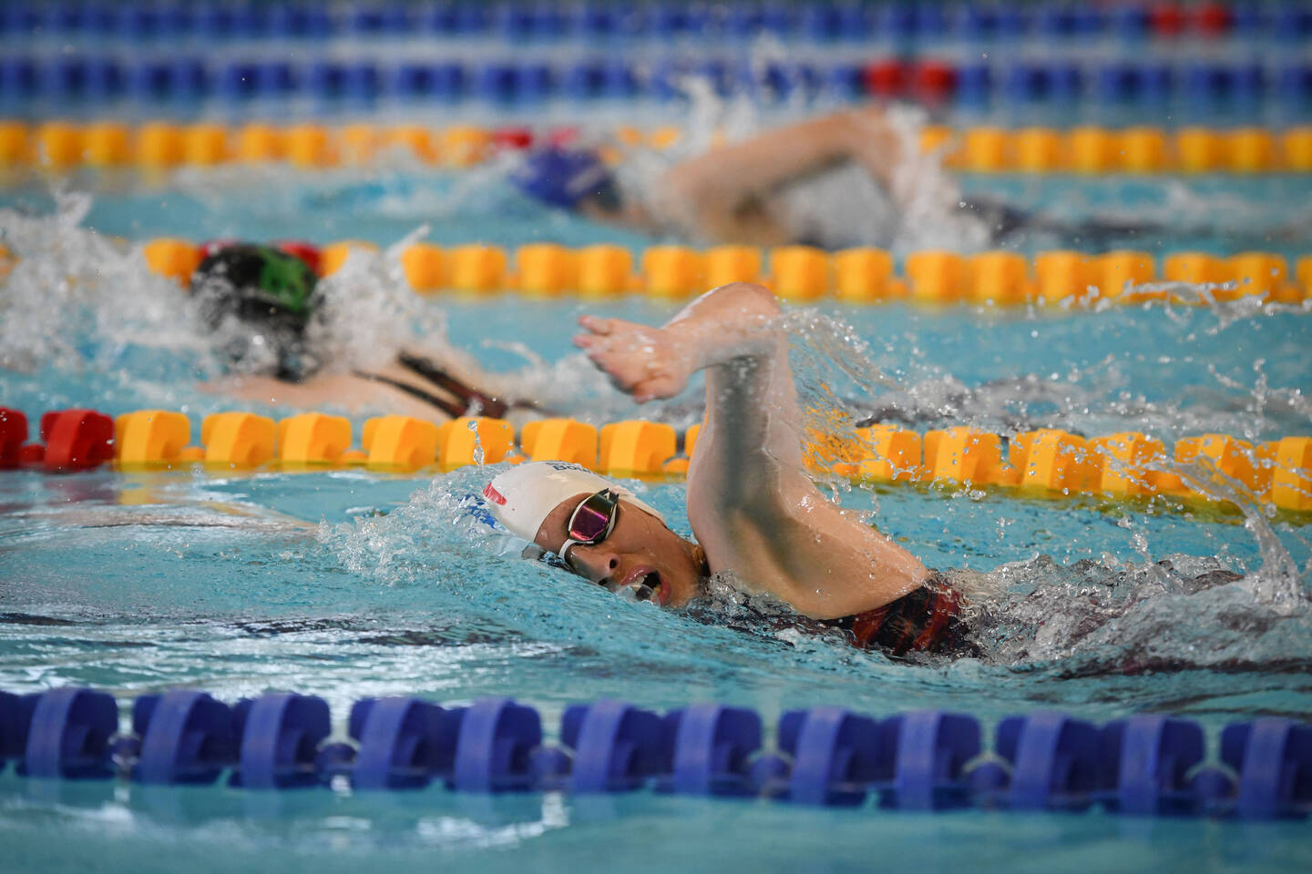 A girl swims front crawl in a pool lane.