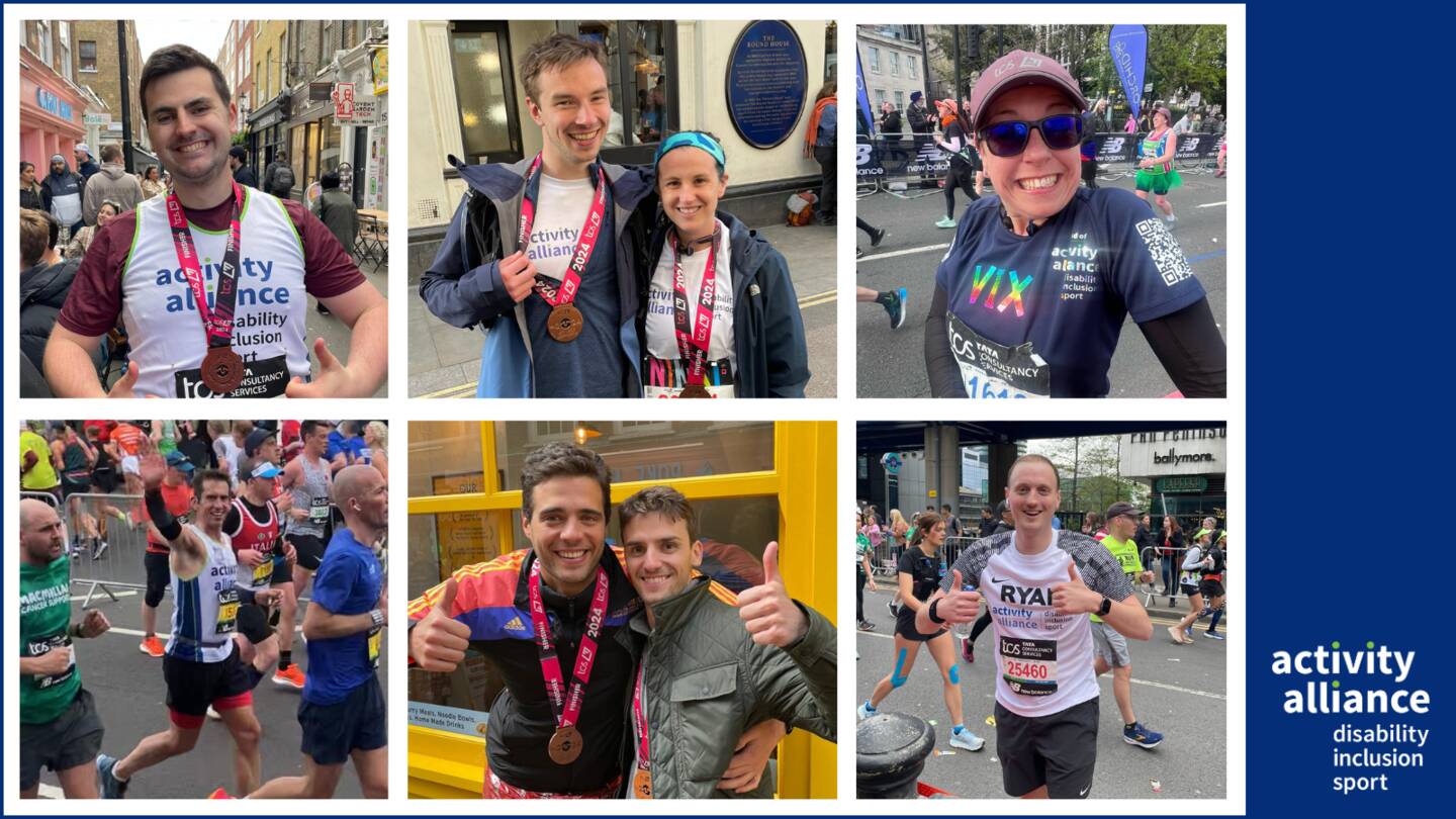 A compilation of pictures of people who have run the London Marathon. They are smiling and showing their medals.