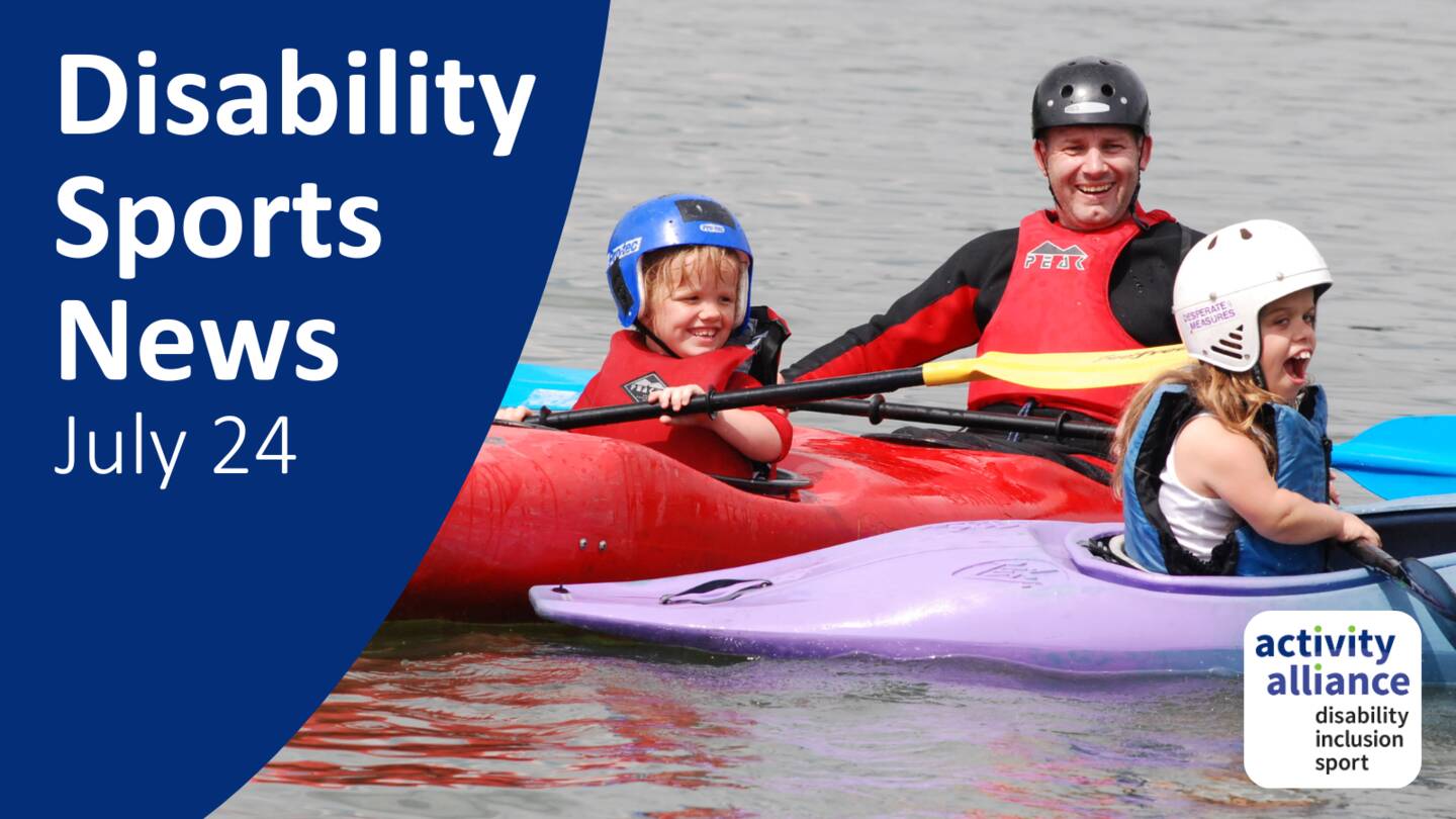 Image shows a man and two children in canoes on a lake.