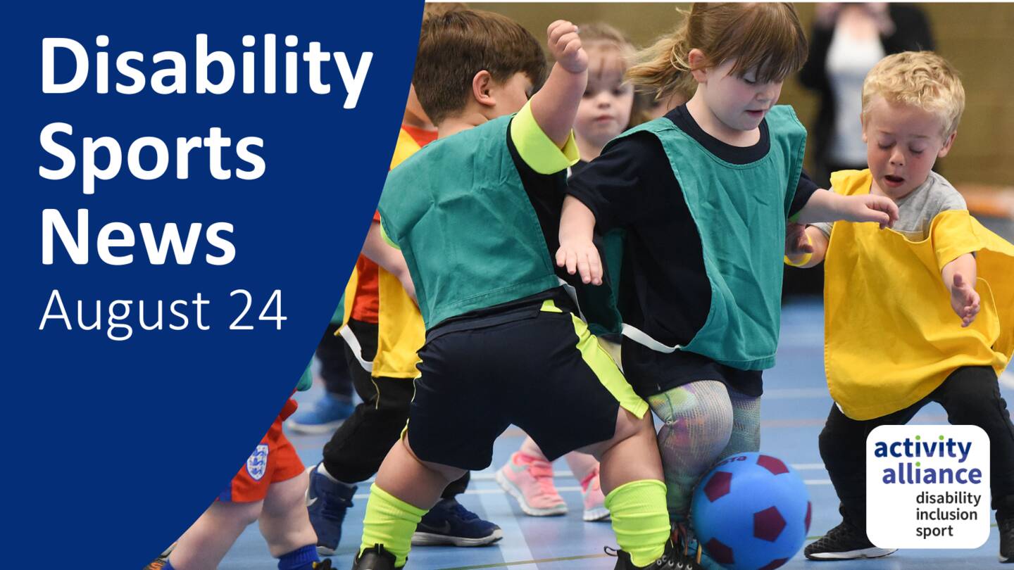 Disability Sports News August 2024. Picture of a group of children with dwarfism playing football in a sports hall.