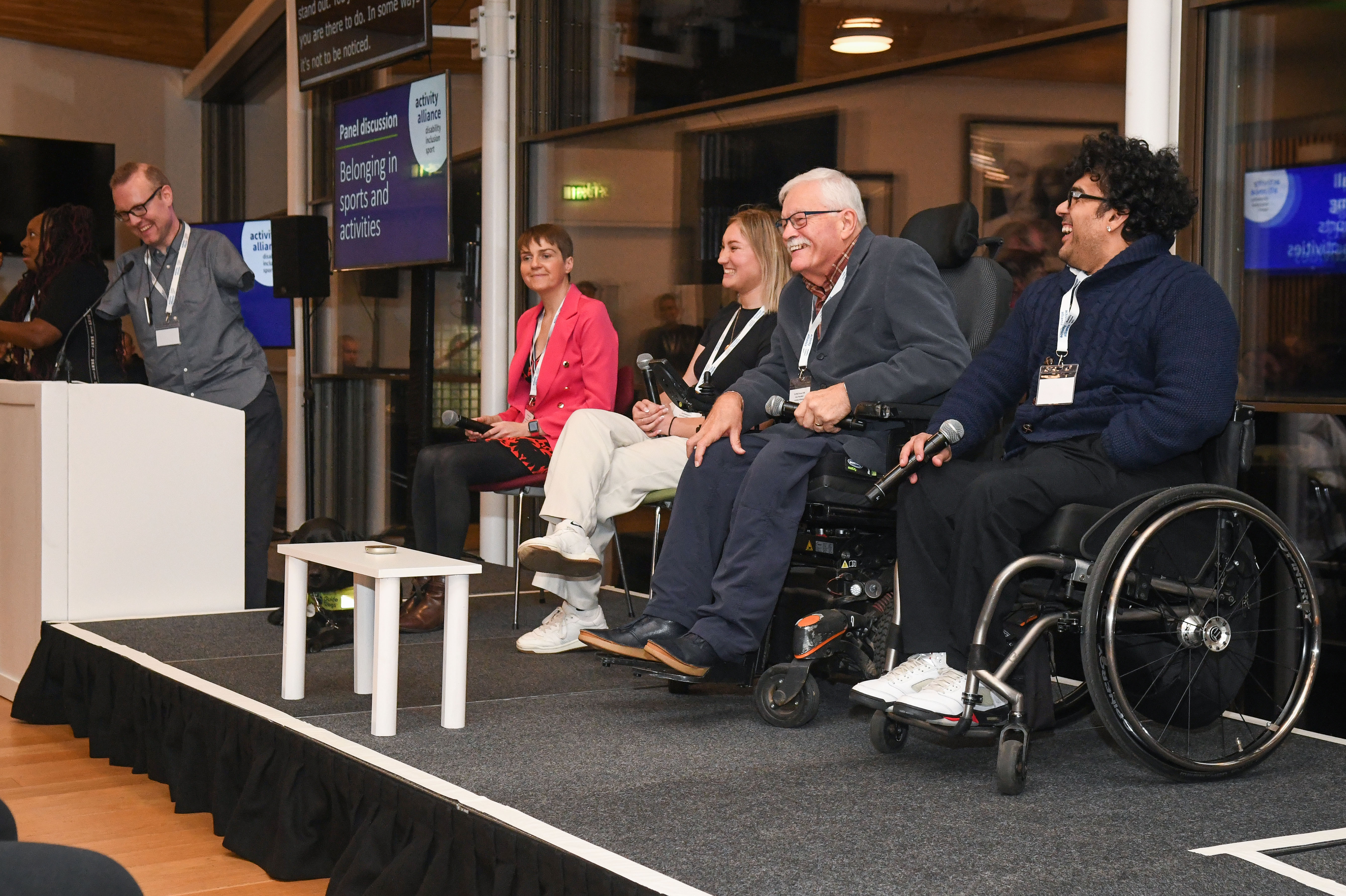 Andy Stevenson, Frankie, Eve, Phil and Rob talking on stage