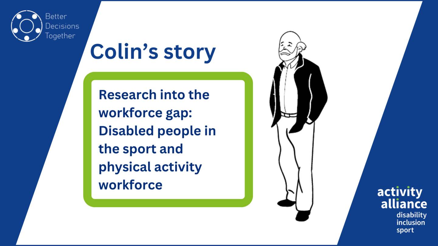 An image of a man standing. There is text that reads: Research into the workforce gap: 
Disabled people in the sport and physical activity workforce