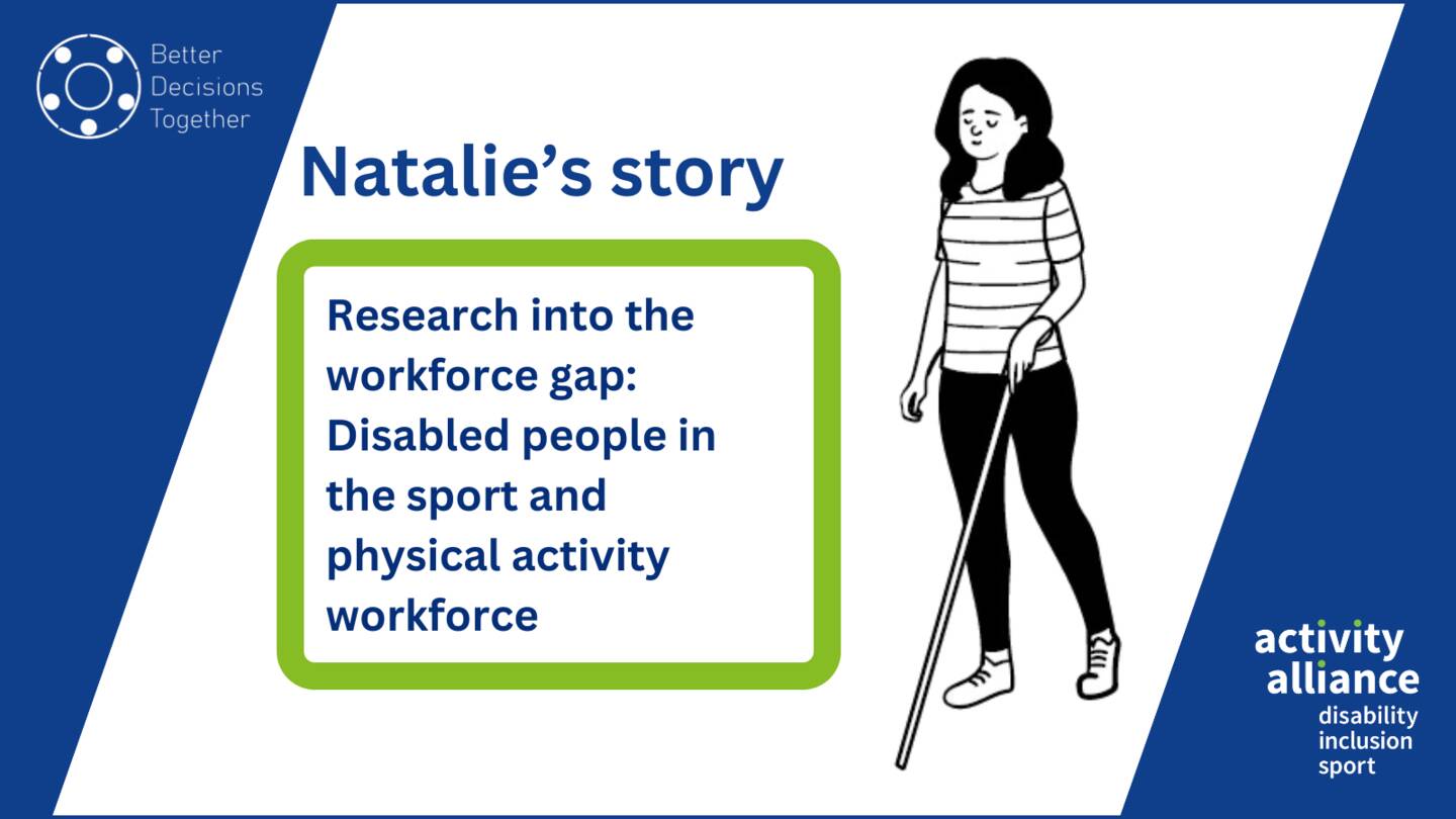 An cartoon image of a woman with a stick. Text reads: Research into the workforce gap: 
Disabled people in the sport and physical activity workforce