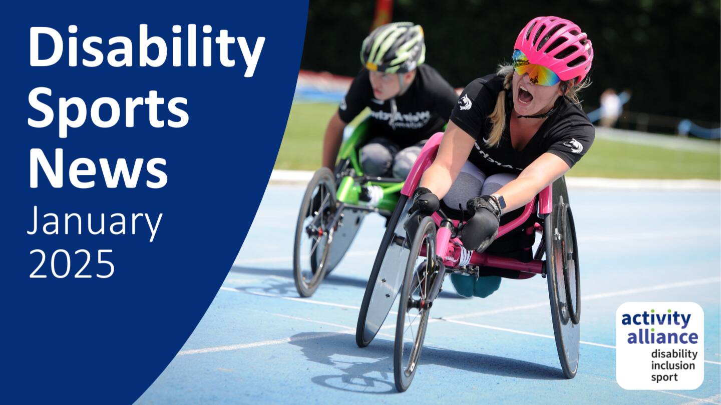 Disability Sports News January 2025 - a photo of two young people in adapted bicycles, taking part in a race on an athletics track.