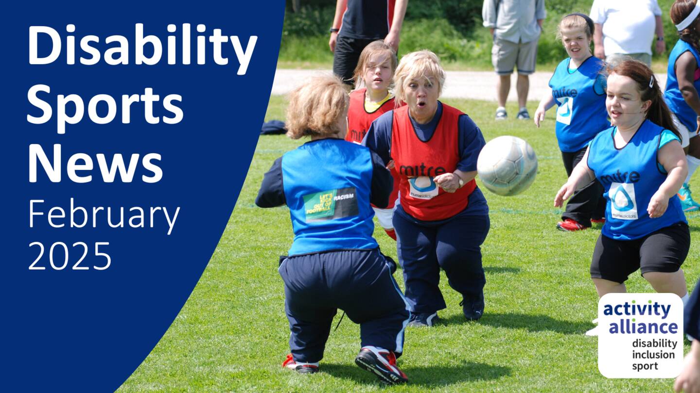 A group of women with dwarfism play a game of football on a grass pitch. Text on the image says Disability Sports News February 2025.